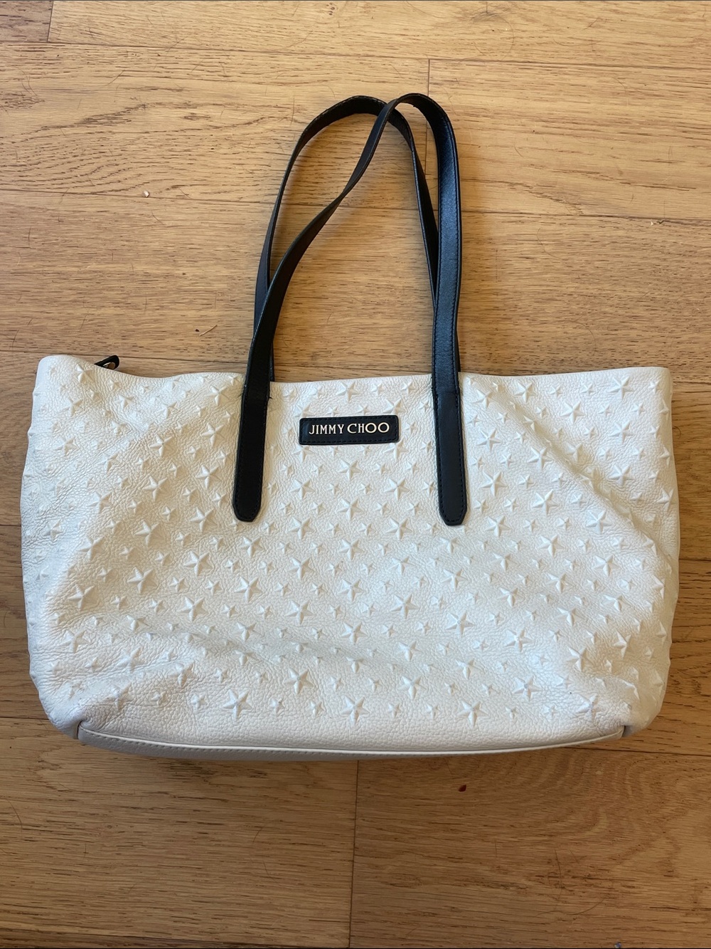Jimmy Choo Star Embossed Cream Leather Tote Bag Black Handles Large Shoulder Bag